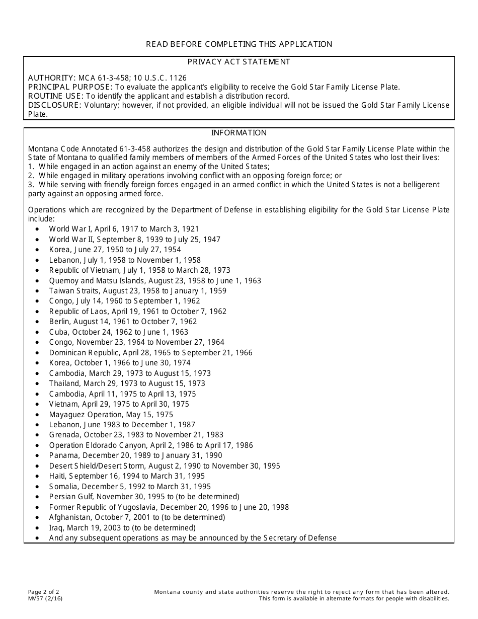 Form MV57 Application for Gold Star Family License Plate - Montana, Page 2