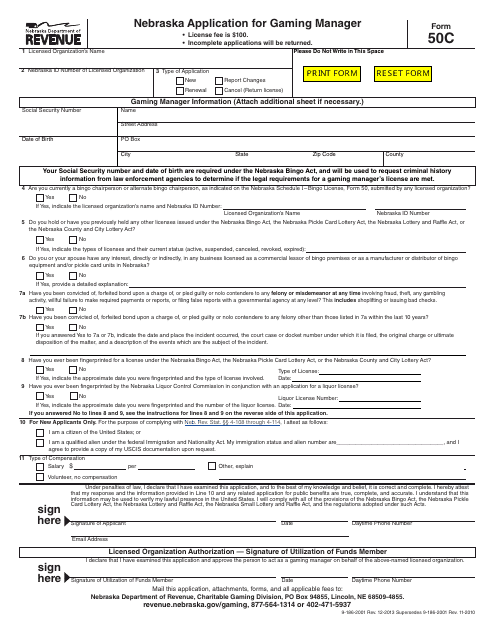 Form 50C Nebraska Application for Gaming Manager - Nebraska