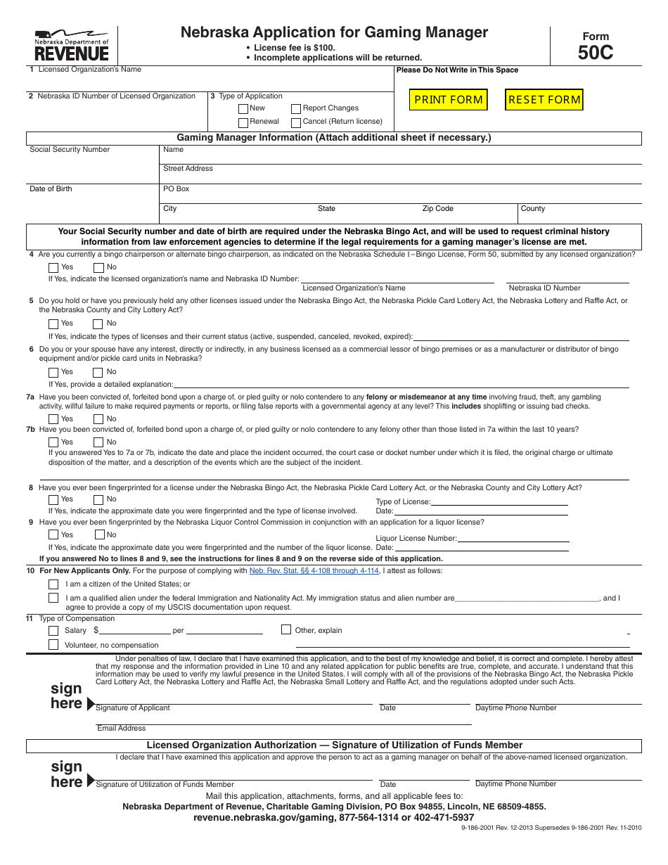 Form 50C Nebraska Application for Gaming Manager - Nebraska, Page 1