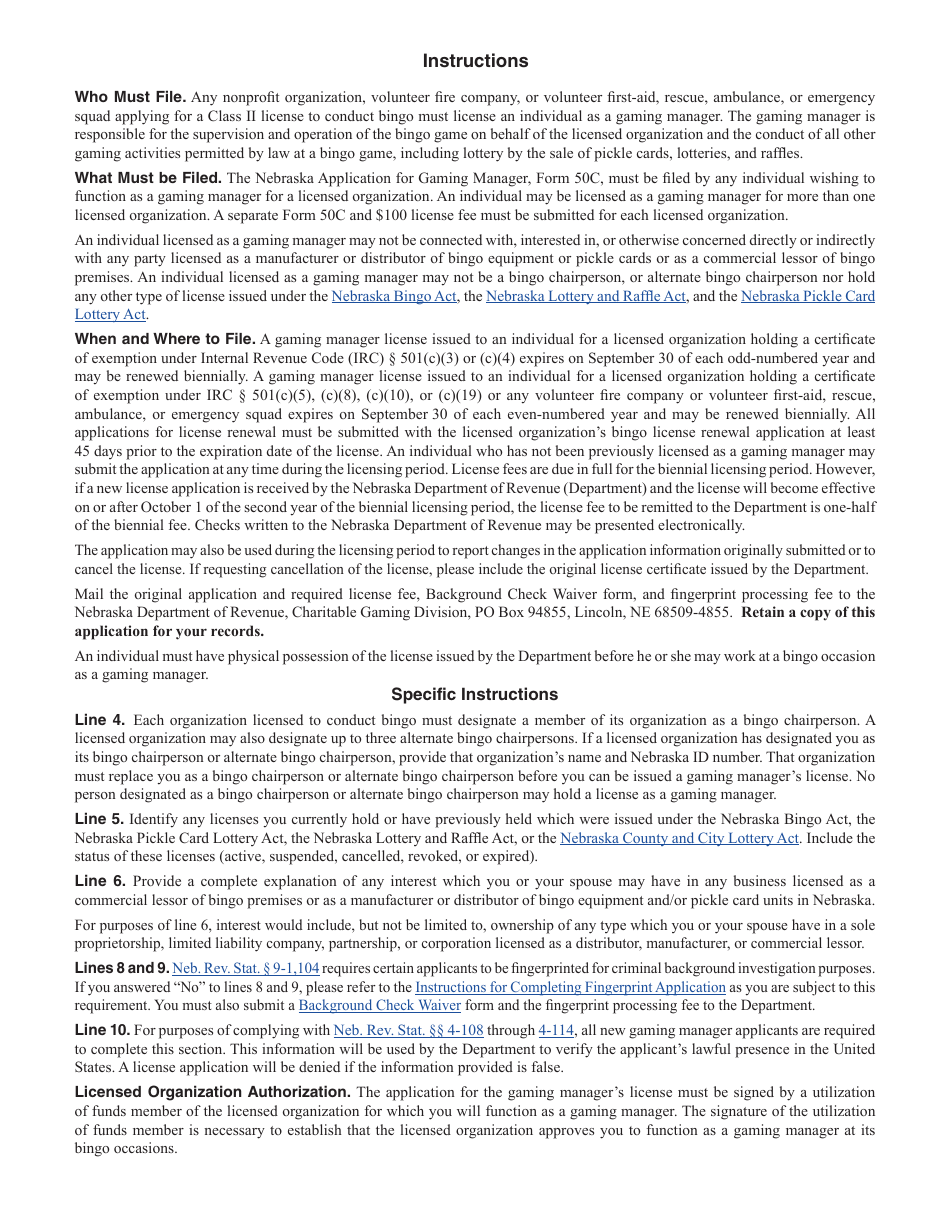 Form 50C Nebraska Application for Gaming Manager - Nebraska, Page 2