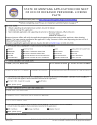 Document preview: Form MV58 State of Montana Application for Next of Kin of Deceased Personnel License Plate - Montana