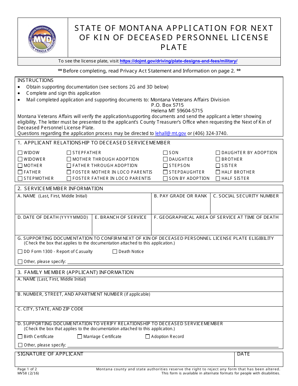 Form MV58 State of Montana Application for Next of Kin of Deceased Personnel License Plate - Montana, Page 1