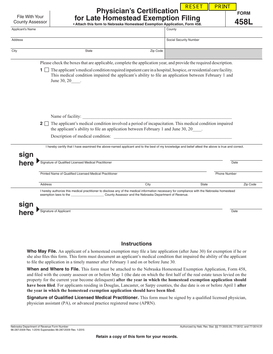 Form 458L Physicians Certification for Late Homestead Exemption Filing - Nebraska, Page 1
