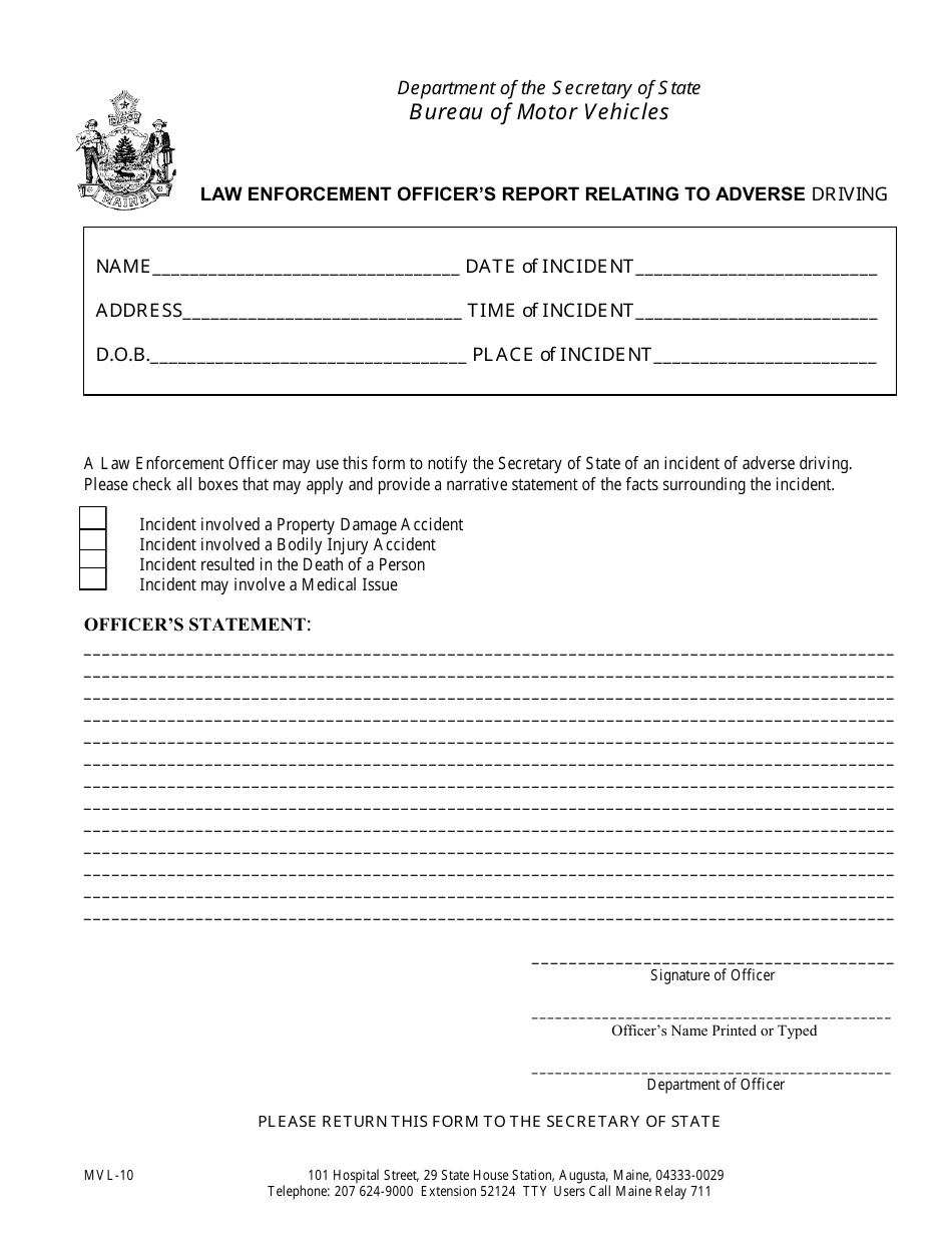 Form MVL-10 Law Enforcement Officers Report Relating to Adverse Driving - Maine, Page 1