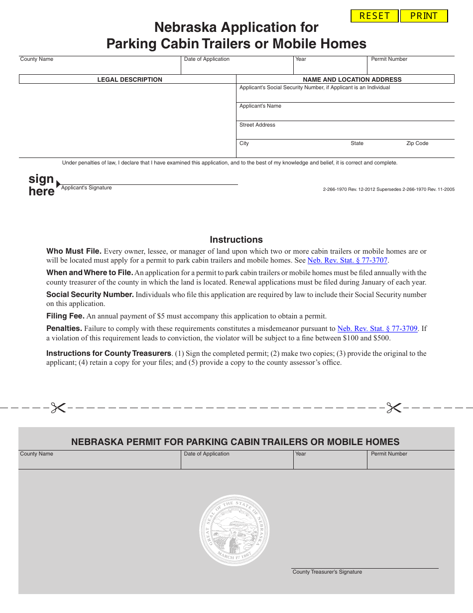 Nebraska Application for Parking Cabin Trailers or Mobile Homes - Nebraska, Page 1