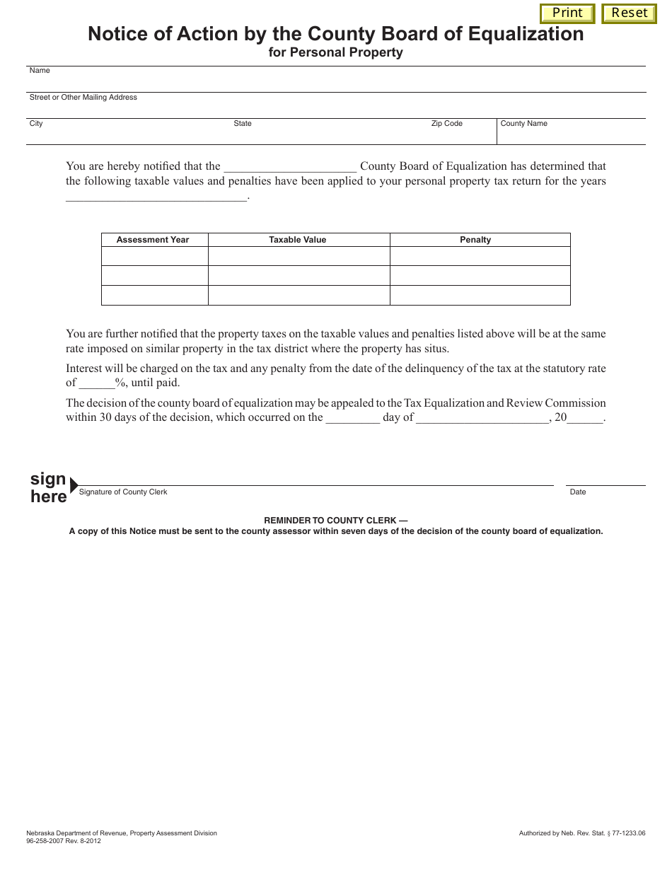 Nebraska Notice of Action by the County Board of Equalization for