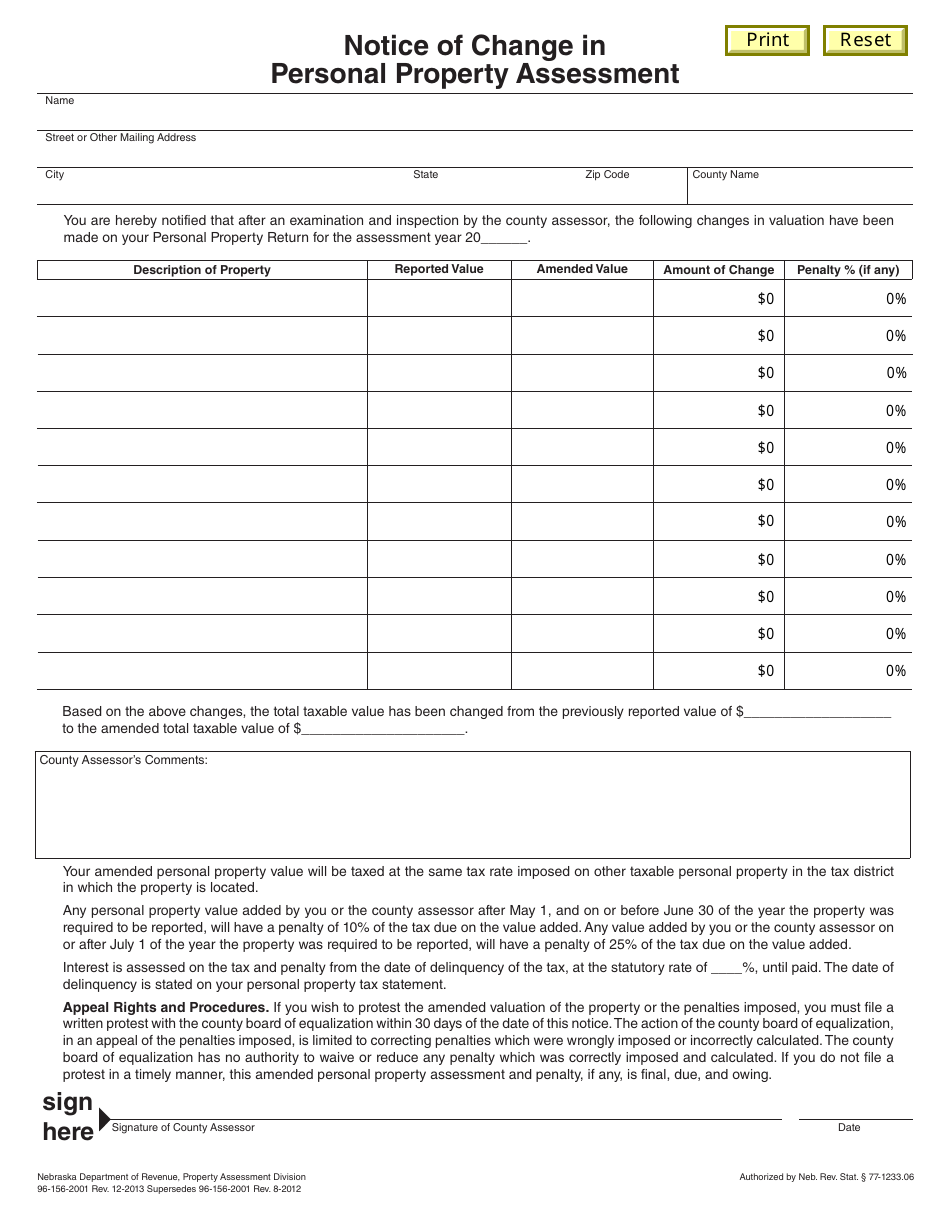 Nebraska Notice of Change in Personal Property Assessment Fill Out