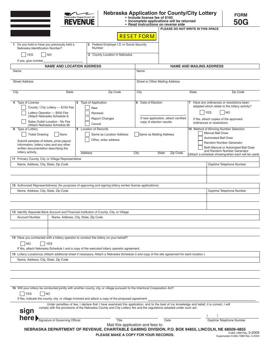 Form 50G Nebraska Application for County / City Lottery - Nebraska, Page 1