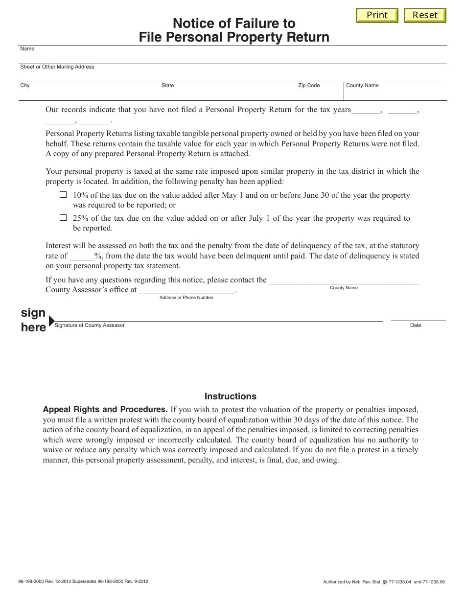 Notice of Failure to File Personal Property Return - Nebraska, Page 1