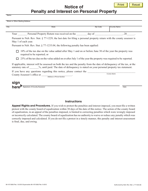 Notice of Penalty and Interest on Personal Property - Nebraska