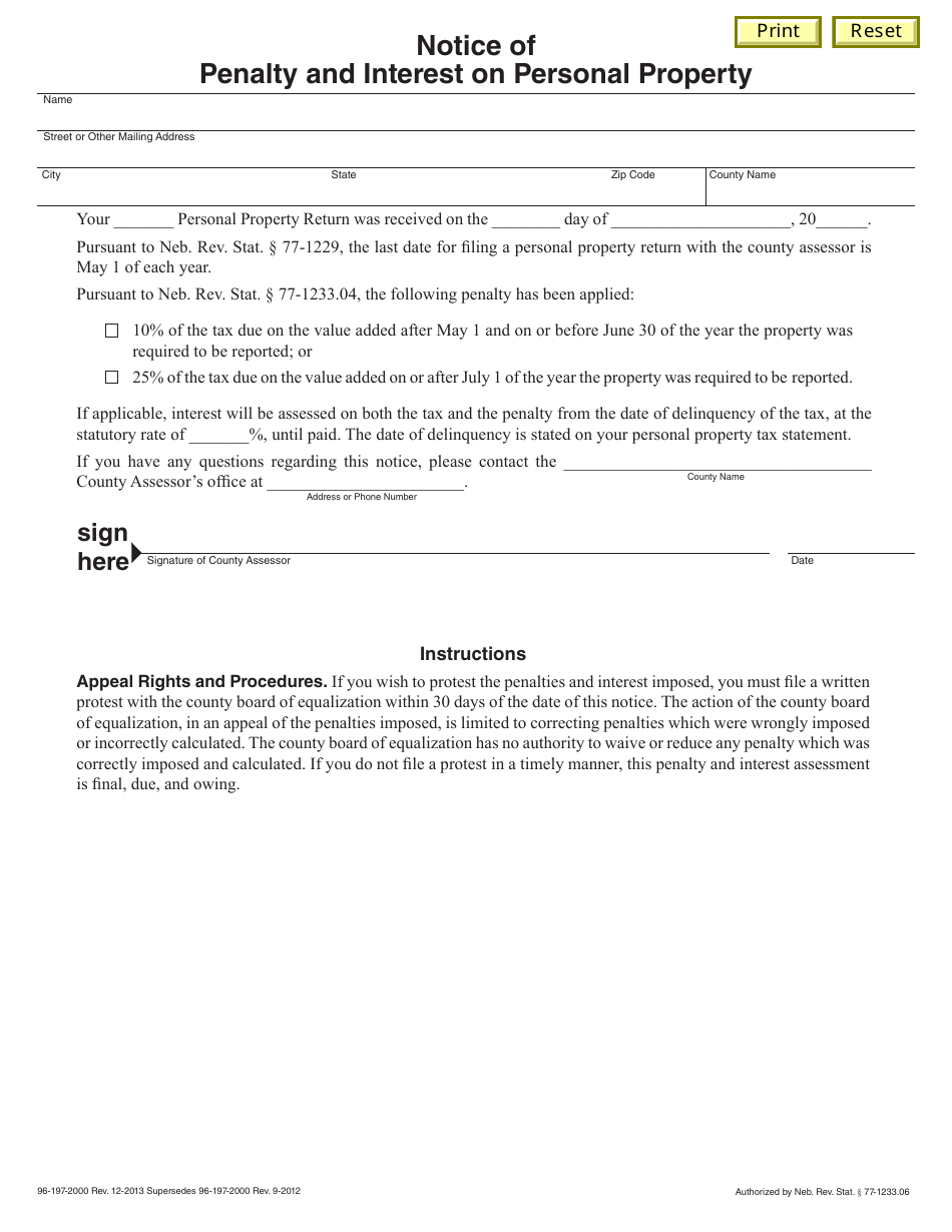 Notice of Penalty and Interest on Personal Property - Nebraska, Page 1