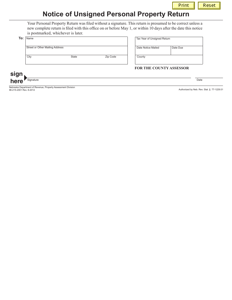 Notice of Unsigned Personal Property Return - Nebraska, Page 1