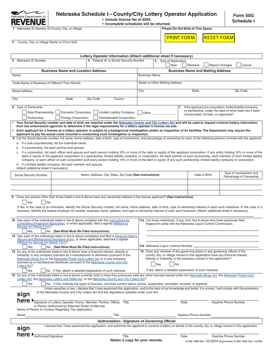 Form 50G Schedule I County / City Lottery Operator Application - Nebraska, Page 1