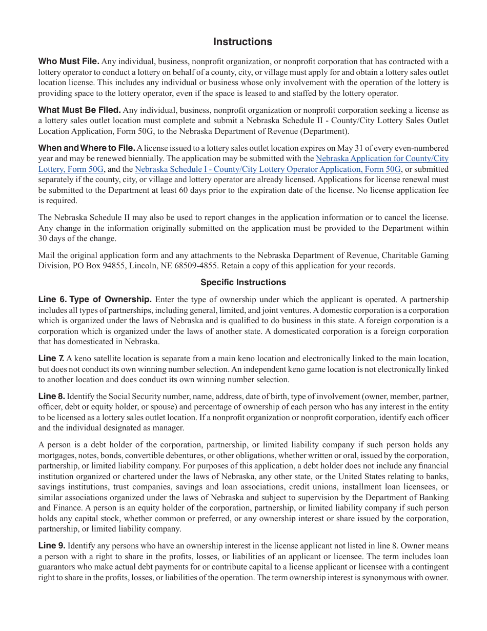 Form 50G Schedule II County / City Lottery Sales Outlet Location Application - Nebraska, Page 2
