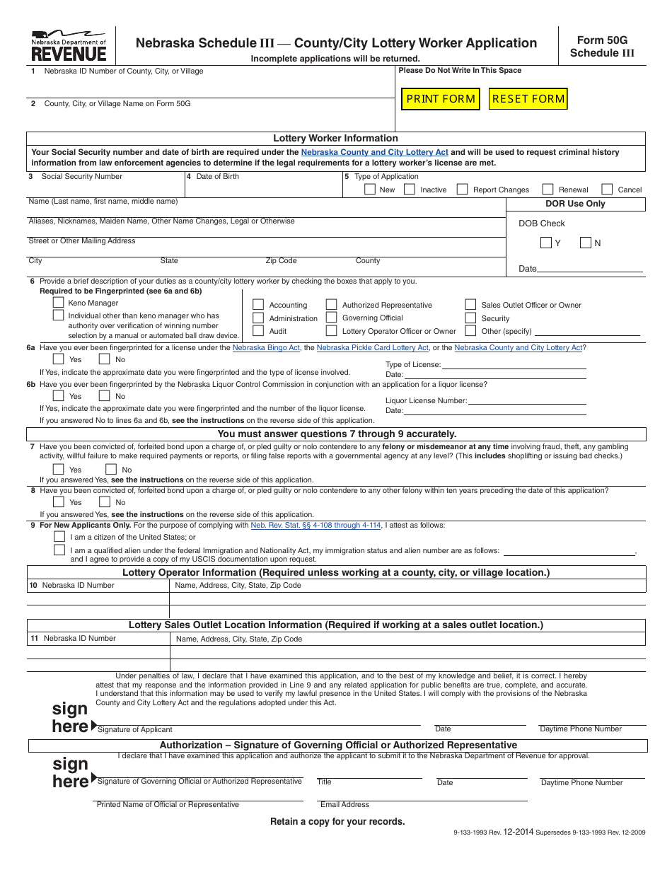 Form 50G Schedule III County / City Lottery Worker Application - Nebraska, Page 1