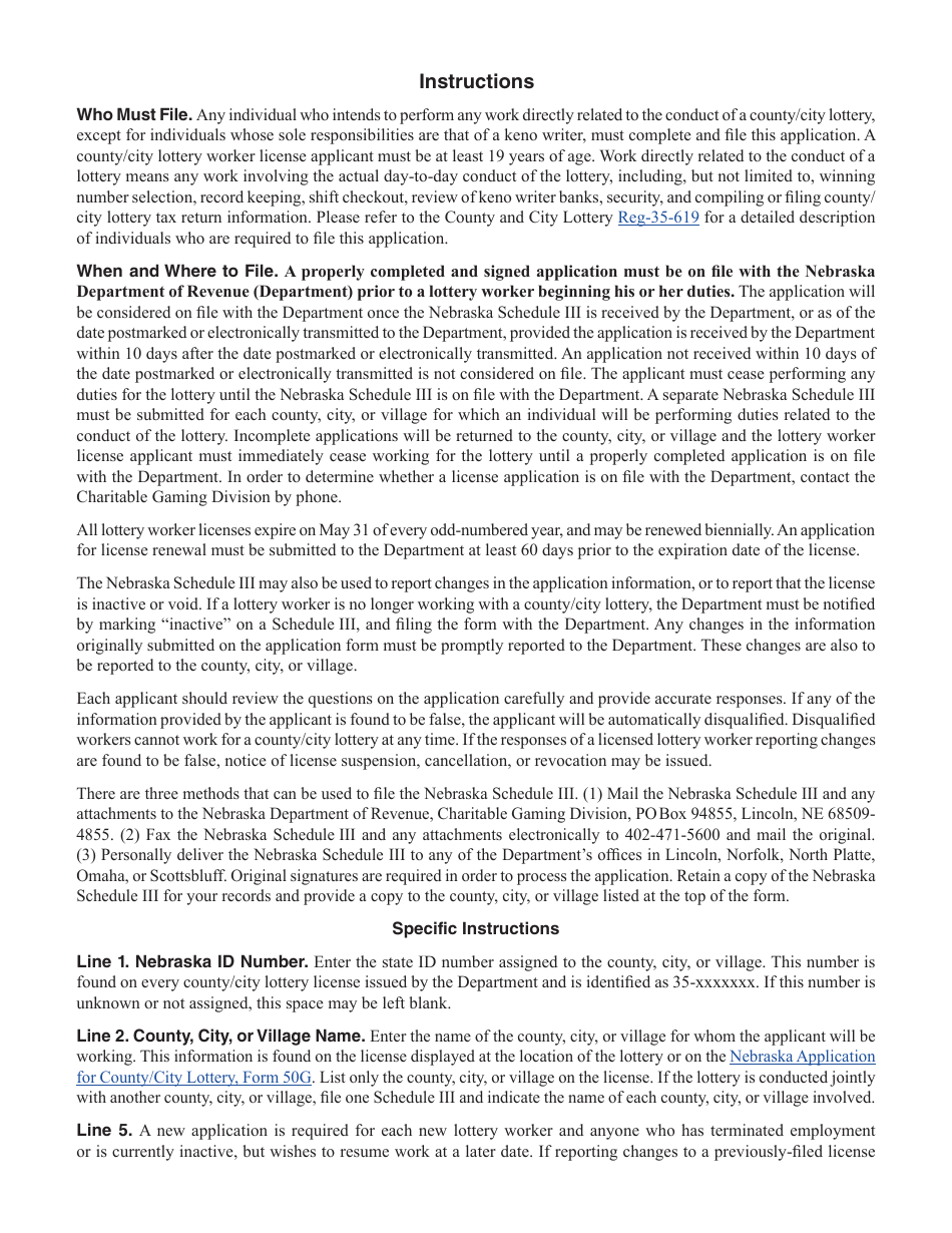 Form 50G Schedule III County / City Lottery Worker Application - Nebraska, Page 2