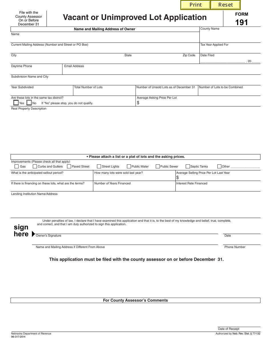 Form 191 Vacant or Unimproved Lot Application - Nebraska, Page 1