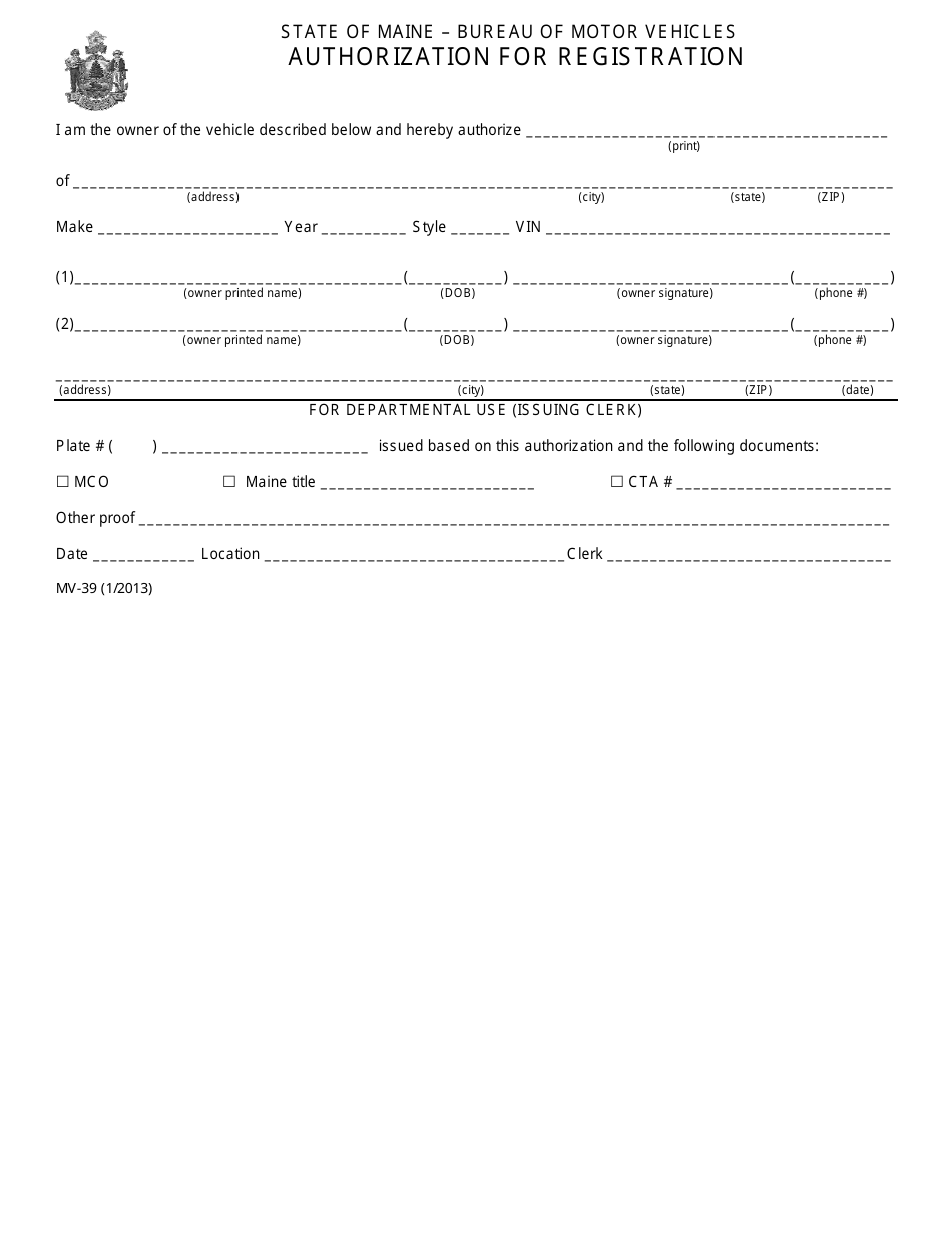 Form MV-39 Authorization for Registration - Maine, Page 1