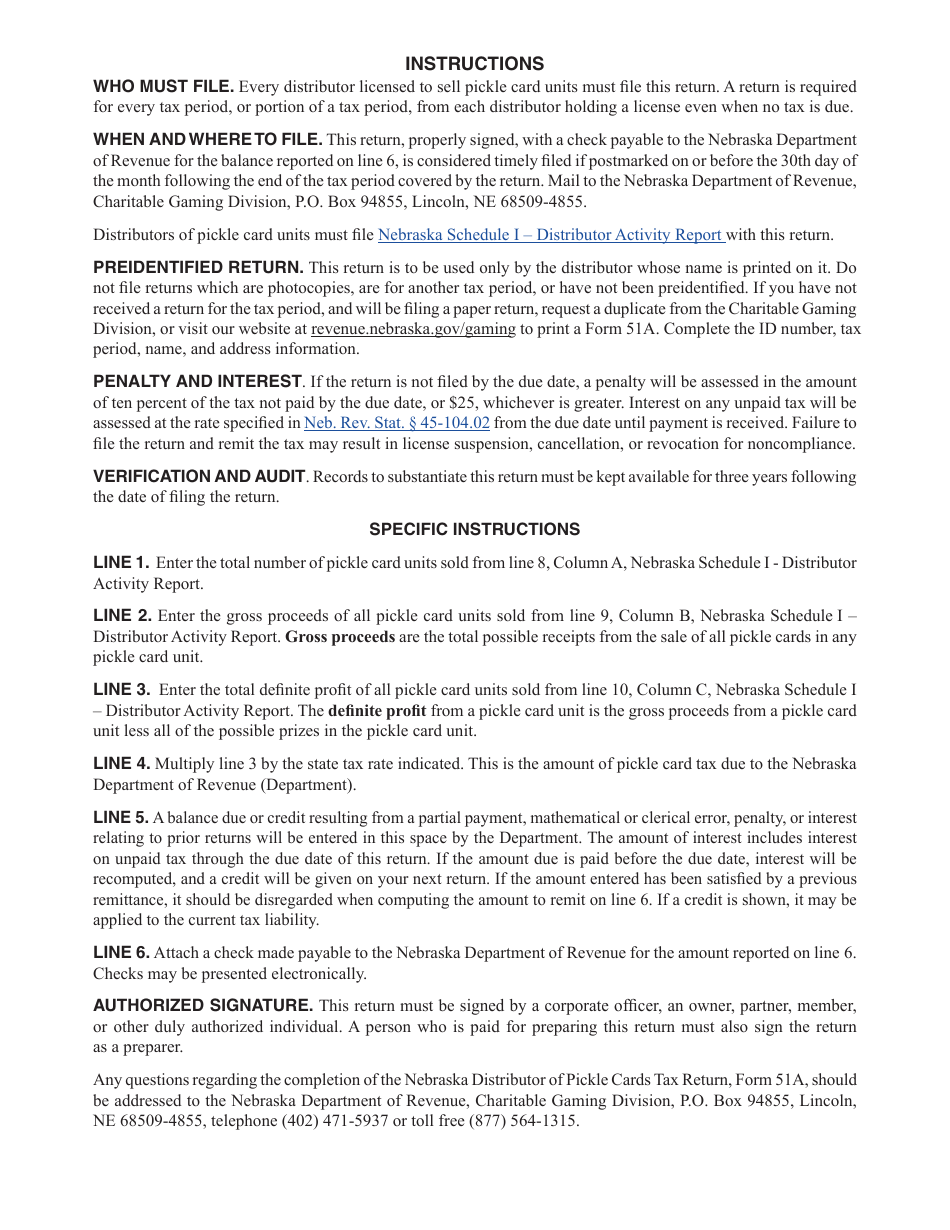 Form 51A Nebraska Distributor of Pickle Cards Tax Return - Nebraska, Page 2