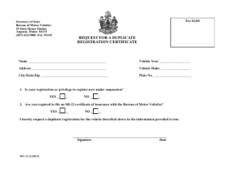 Document preview: Form MV-11 Request for a Duplicate Registration Certificate - Maine