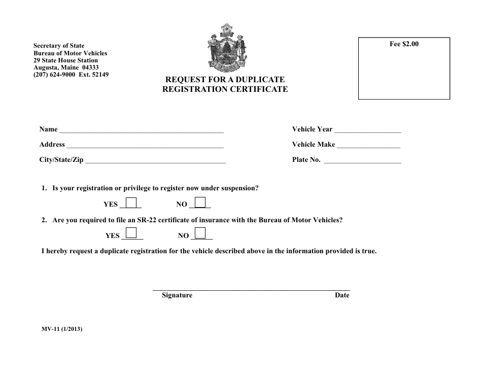 Form MV-11 Request for a Duplicate Registration Certificate - Maine, Page 1