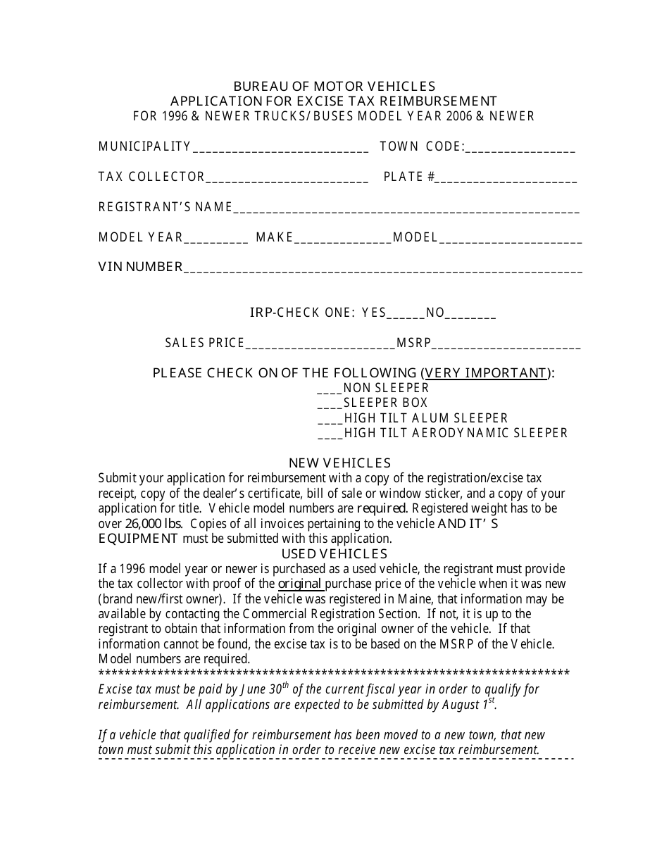 Application for Excise Tax Reimbursement - Maine, Page 1