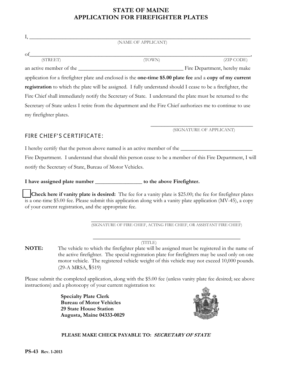 Form PS-43 Application for Firefighter Plates - Maine, Page 1