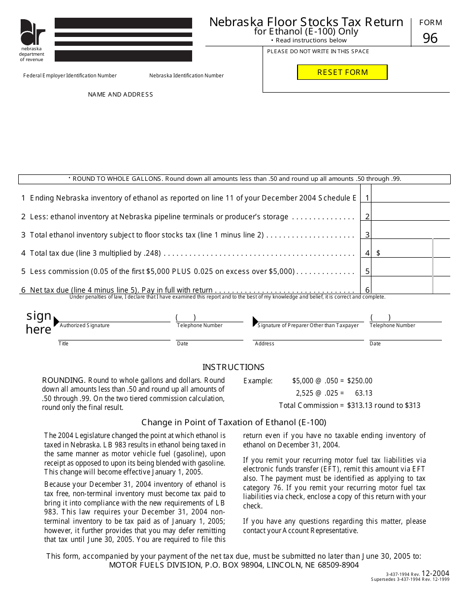 Form 96 Nebraska Floor Stocks Tax Return for Ethanol (E-100) Only - Nebraska, Page 1