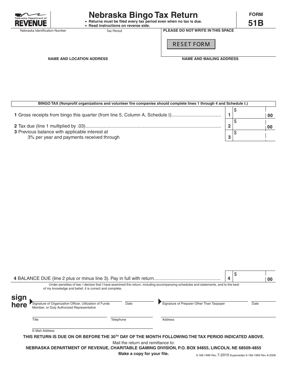 Form 51B Nebraska Bingo Tax Return - Nebraska, Page 1