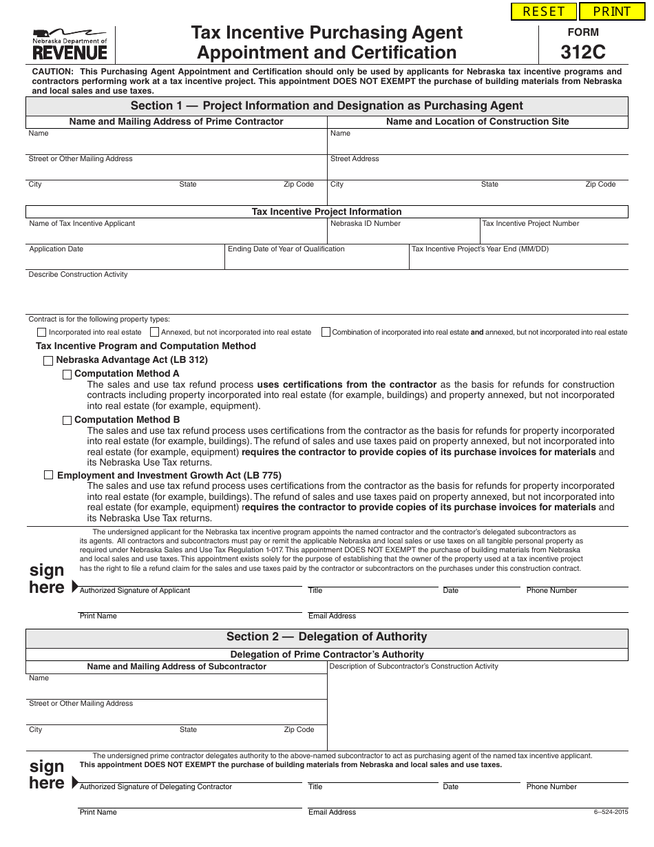 Form 312C Tax Incentive Purchasing Agent Appointment and Certification - Nebraska, Page 1