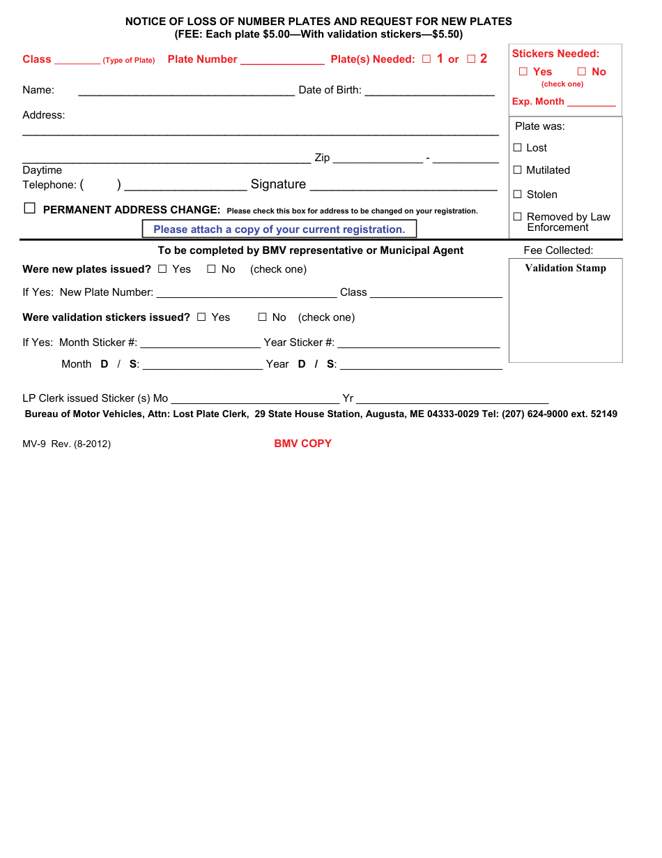 Form MV-9 Notice of Loss of Number Plates and Request for New Plates - Maine, Page 1