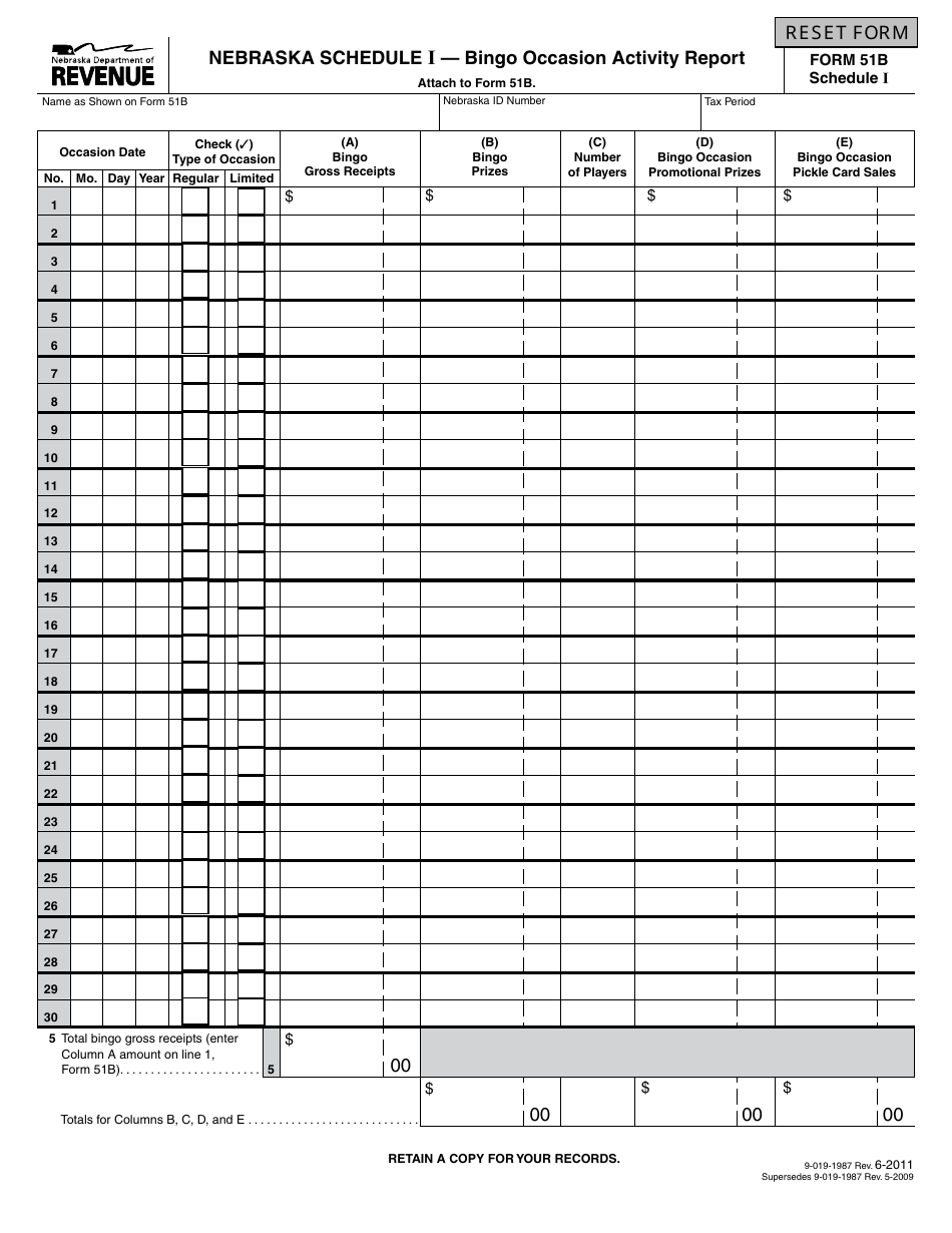 Form 51B Schedule I Bingo Occasion Activity Report - Nebraska, Page 1