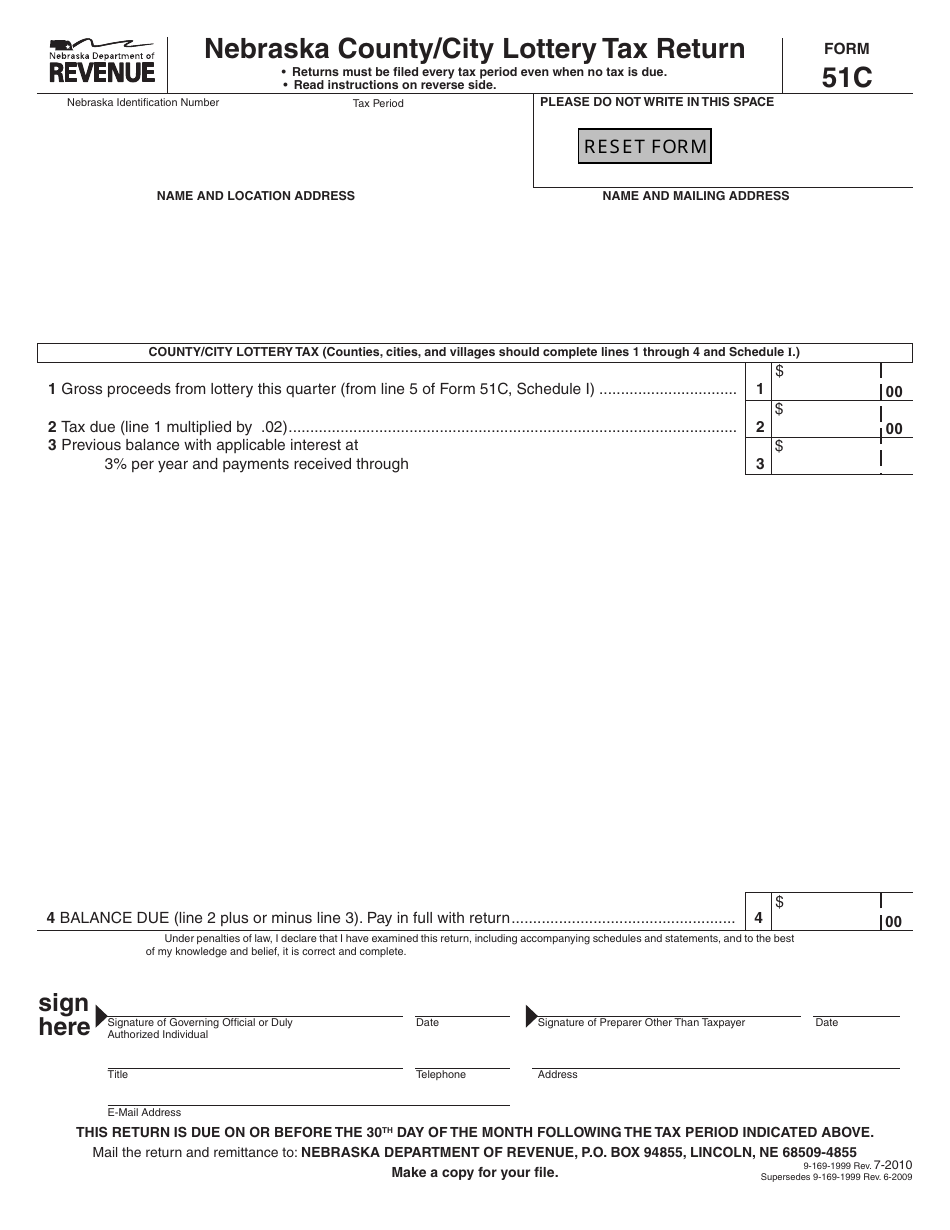 Form 51C Nebraska County / City Lottery Tax Return - Nebraska, Page 1