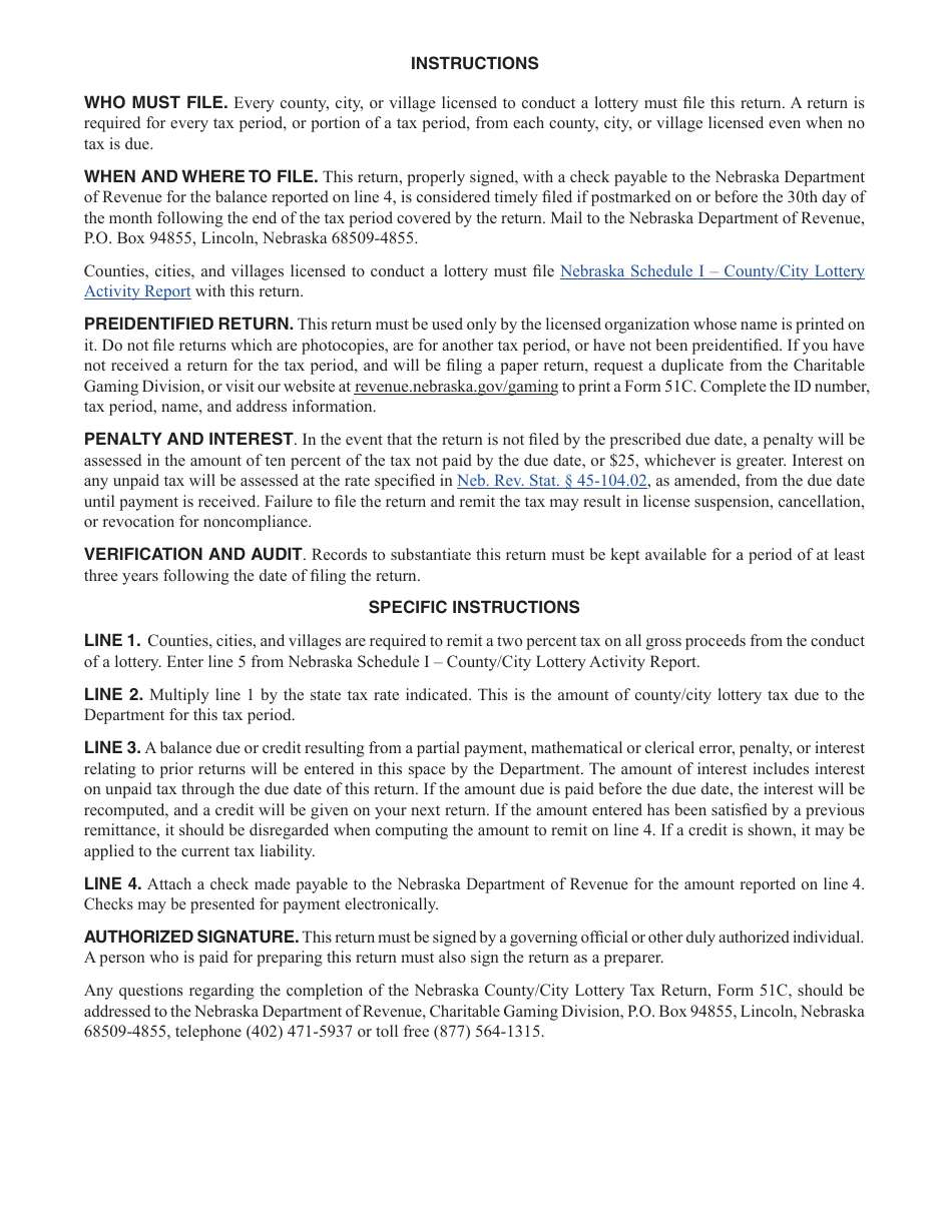 Form 51C Nebraska County / City Lottery Tax Return - Nebraska, Page 2