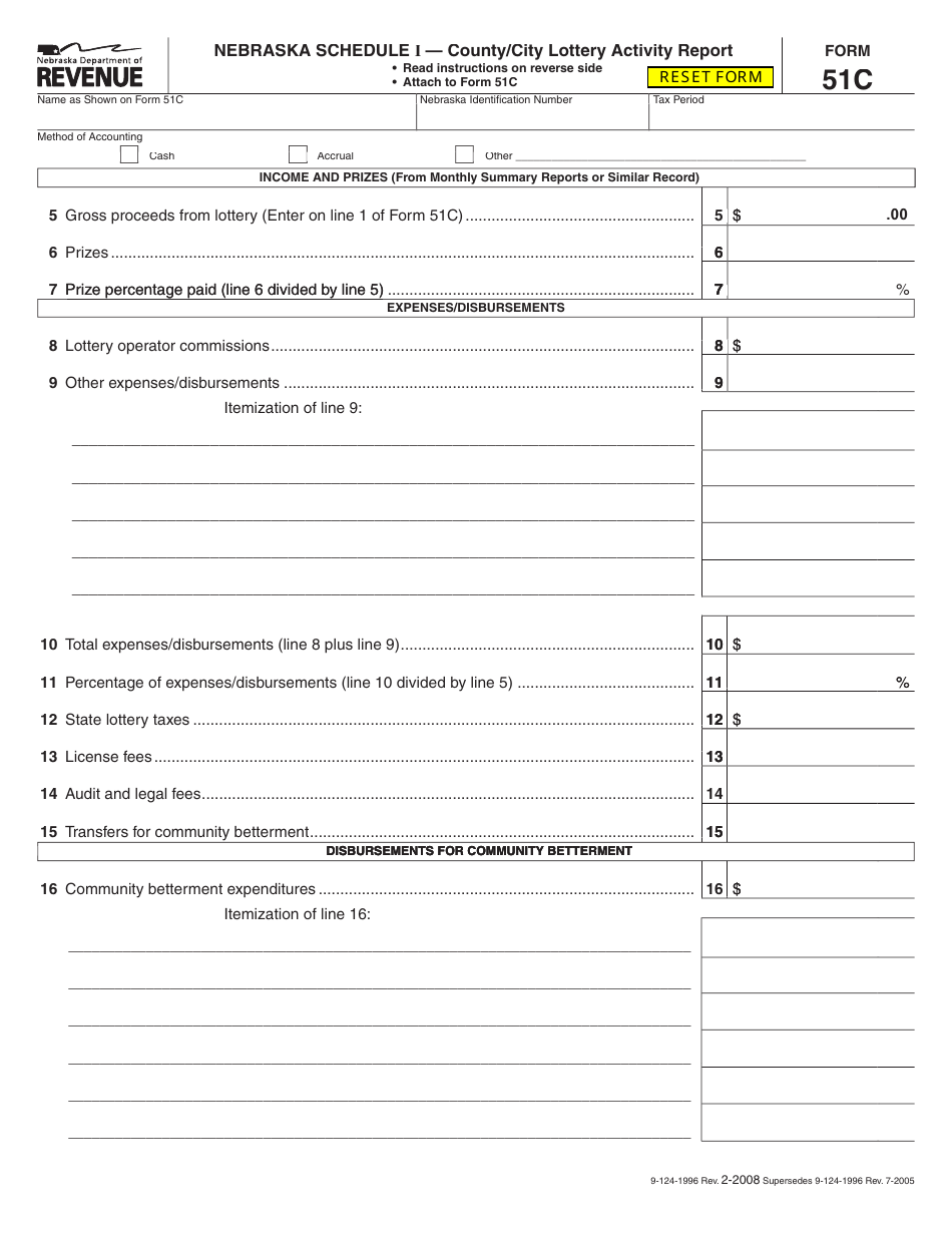 Form 51C Addendum I County / City Lottery Activity Report - Nebraska, Page 1