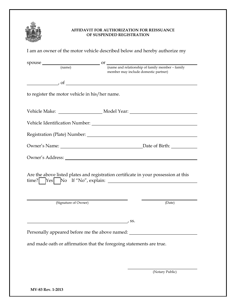 Form MV83 Download Fillable PDF or Fill Online Affidavit for