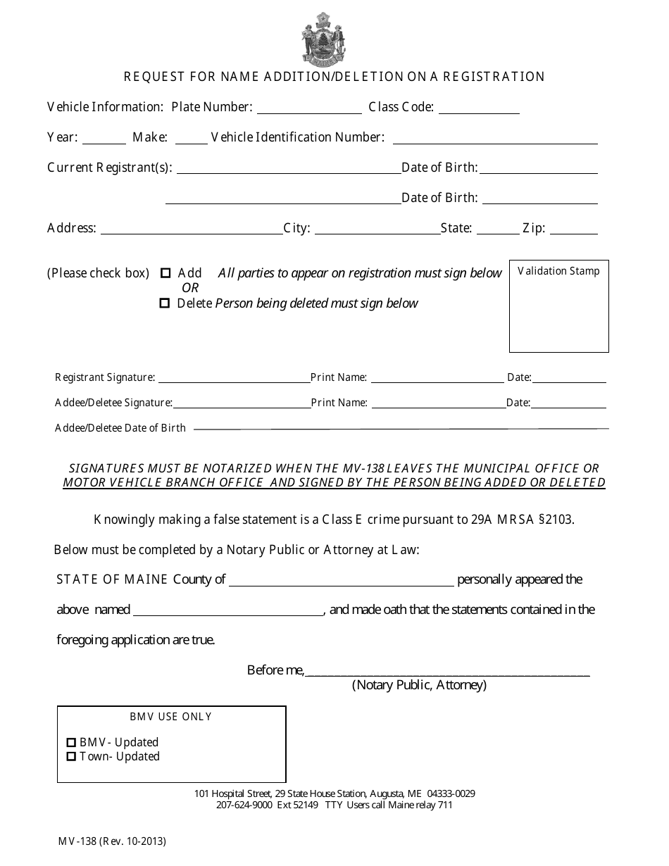 Form MV-138 Request for Name Addition / Deletion on a Registration - Maine, Page 1