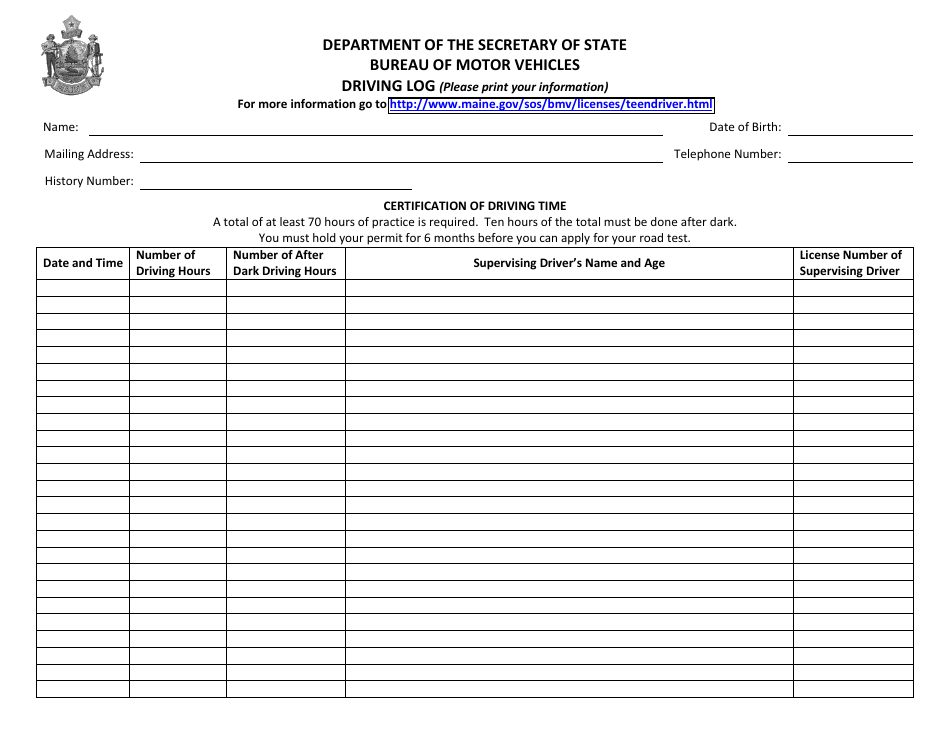 driving hours spreadsheet maine