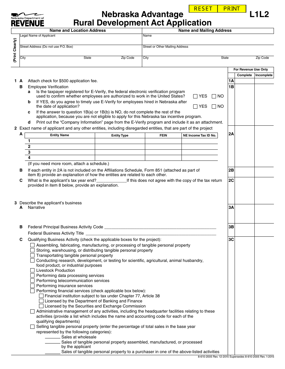 Form L1L2 Nebraska Advantage Rural Development Act Application - Nebraska, Page 1