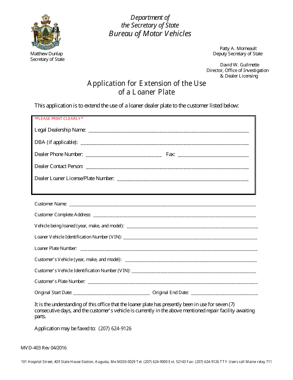 Form MVD-403 Application for Extension of the Use of a Loaner Plate - Maine, Page 1