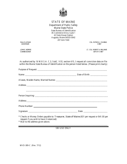 Form MVD-389-C Criminal History Request Application - Maine
