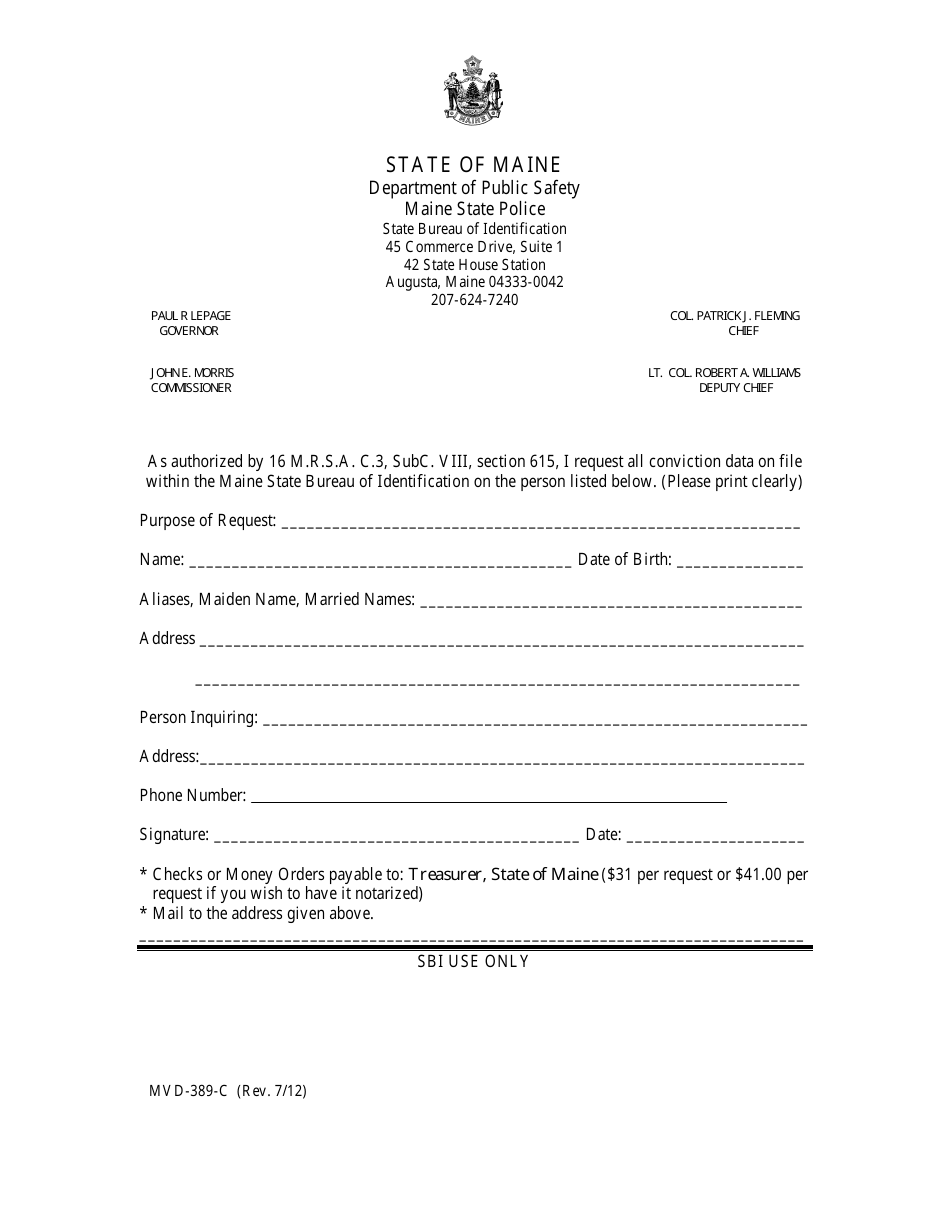 Form MVD-389-C Criminal History Request Application - Maine, Page 1