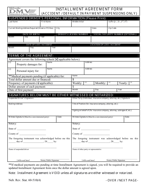 Installment Agreement Form (Accident / Default in Payment Suspensions Only) - Nebraska Download Pdf
