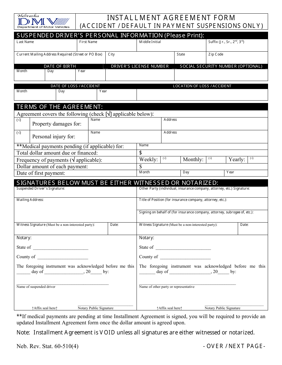 Nebraska Installment Agreement Form (Accident / Default in Payment ...