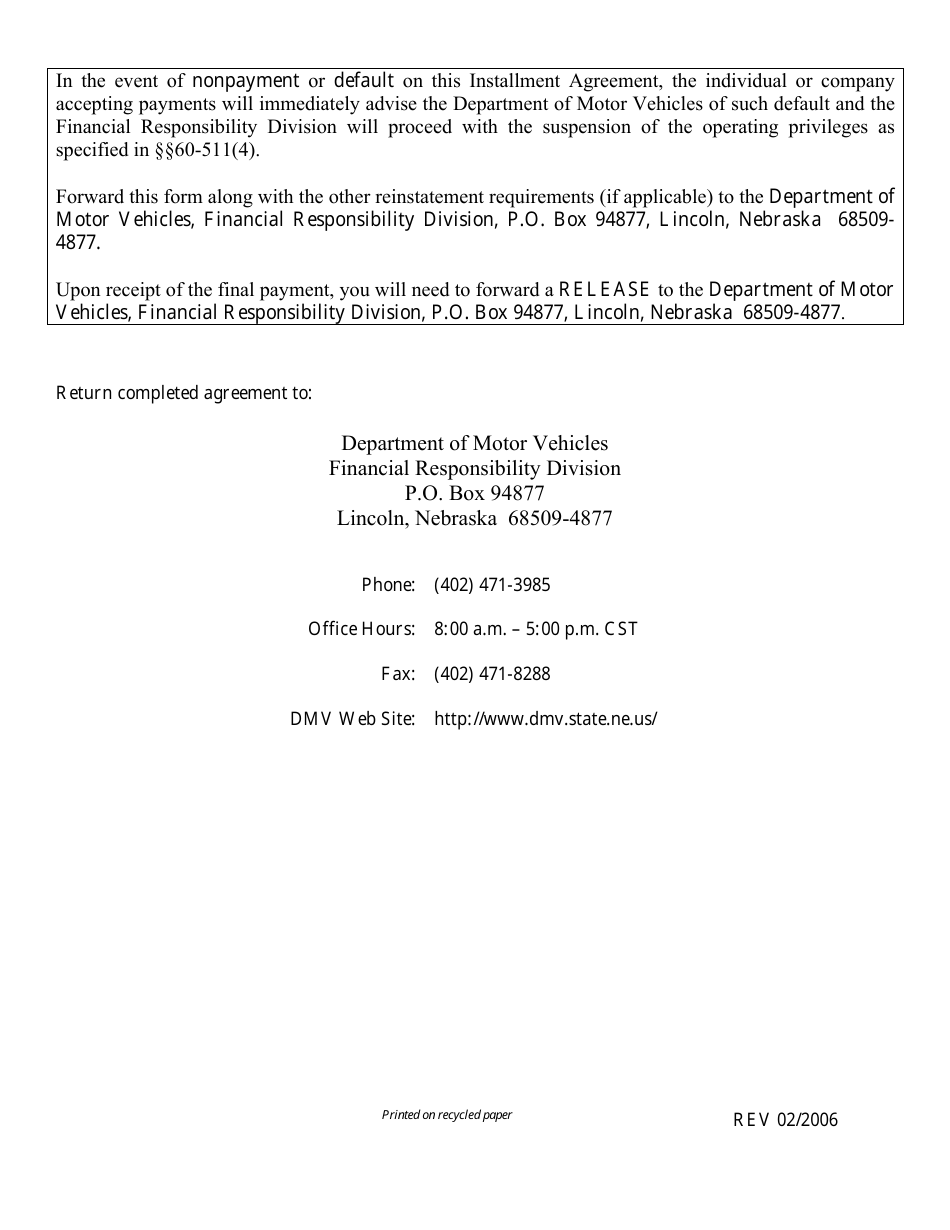 Installment Agreement Form (Accident / Default in Payment Suspensions Only) - Nebraska, Page 2