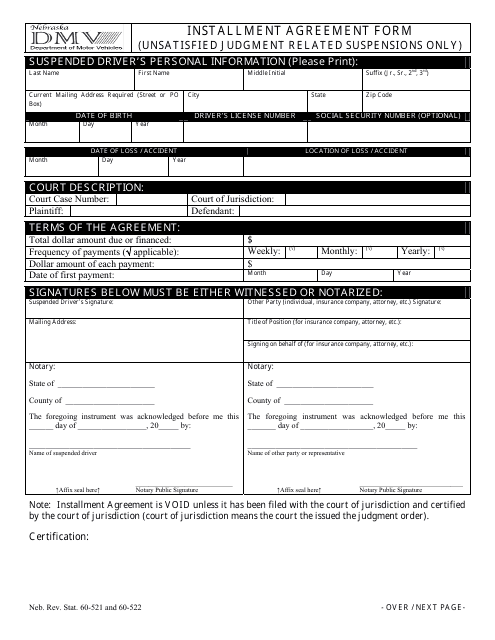 Installment Agreement Form (Unsatisfied Judgment Related Suspensions Only) - Nebraska Download Pdf