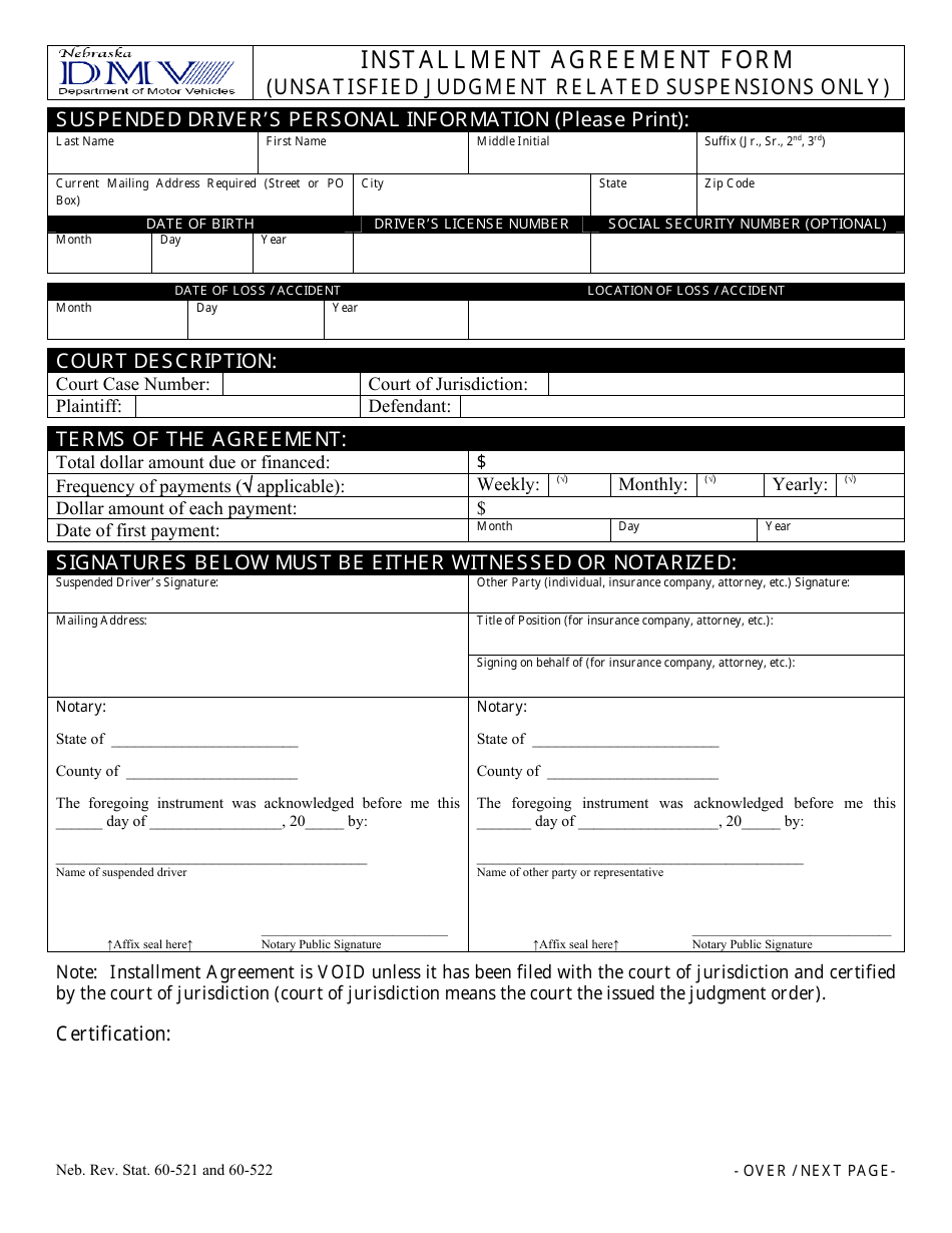 Installment Agreement Form (Unsatisfied Judgment Related Suspensions Only) - Nebraska, Page 1