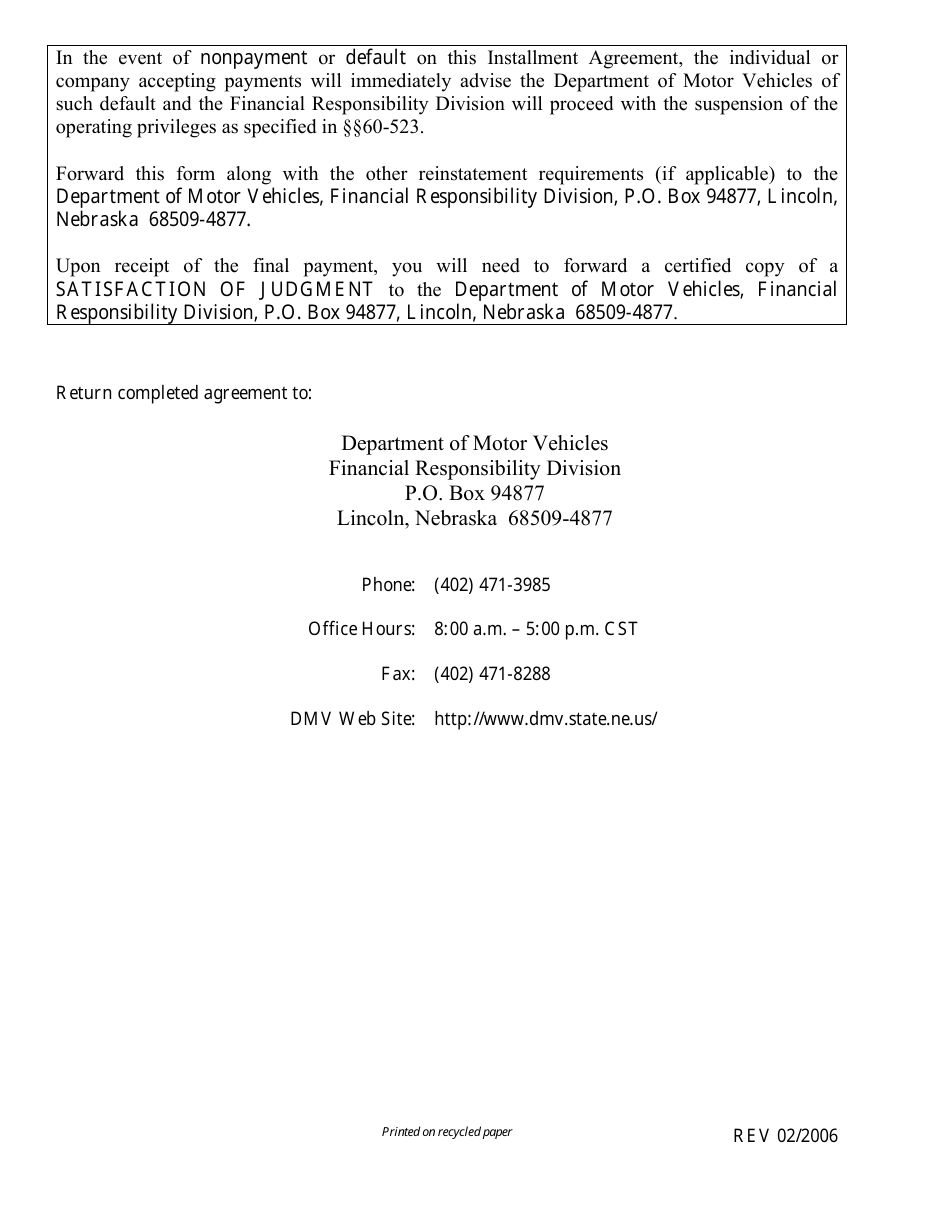 Installment Agreement Form (Unsatisfied Judgment Related Suspensions Only) - Nebraska, Page 2