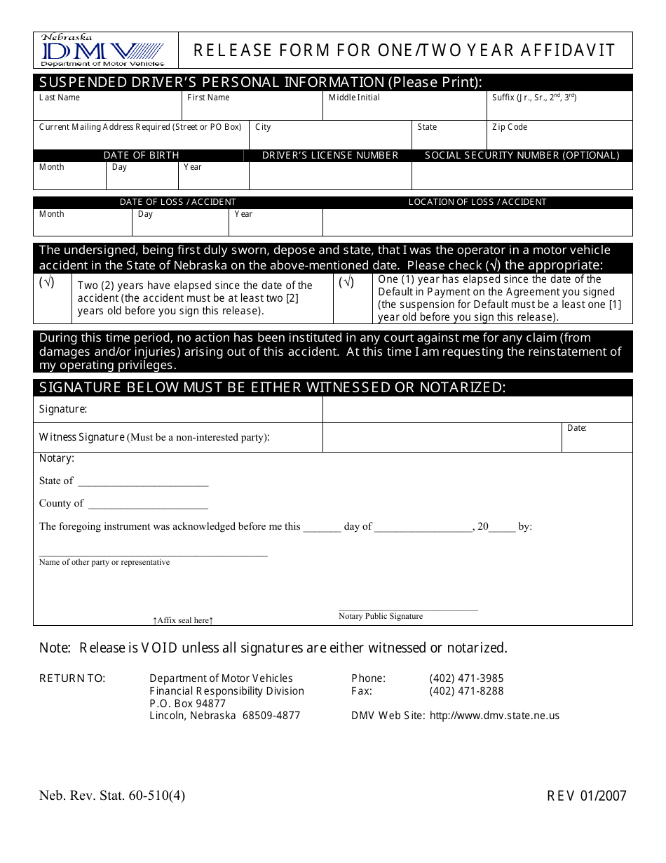 Release Form for One/Two Year Affidavit - Nebraska, Page 1