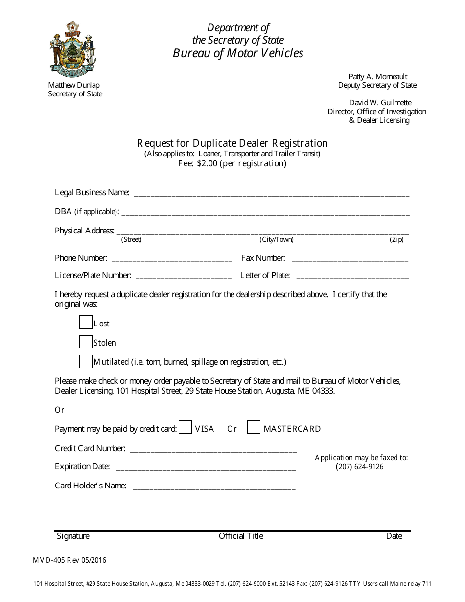 Form MVD-405 Request for Duplicate Dealer Registration - Maine, Page 1